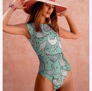 Averie Annelise Zip-up One Piece Swim Suit Blue Chicken Print Size Large